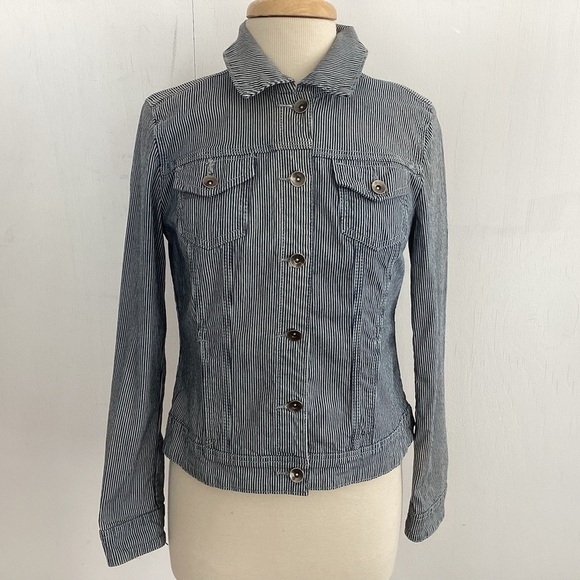 BACCINI  vintage Denim Cotton Stretch Engineer Striped JEAN JACKET size Medium - Picture 1 of 8